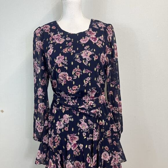 City Studio Dress size Small Navy Blue Pink Gold Floral Sheer Ruffles Wedding - Picture 2 of 11